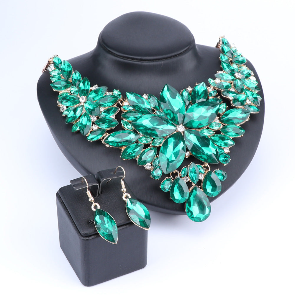 Crystal Flower and Rhinestone Necklace & Earrings Wedding Statement Jewelry Set-Jewelry Sets-Innovato Design-Green-Innovato Design