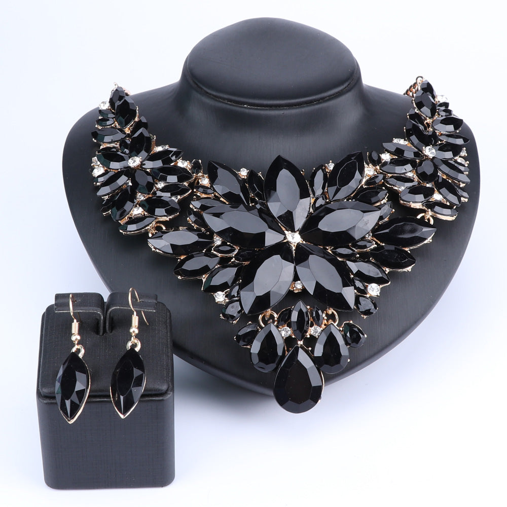 Crystal Flower and Rhinestone Necklace & Earrings Wedding Statement Jewelry Set-Jewelry Sets-Innovato Design-Black-Innovato Design