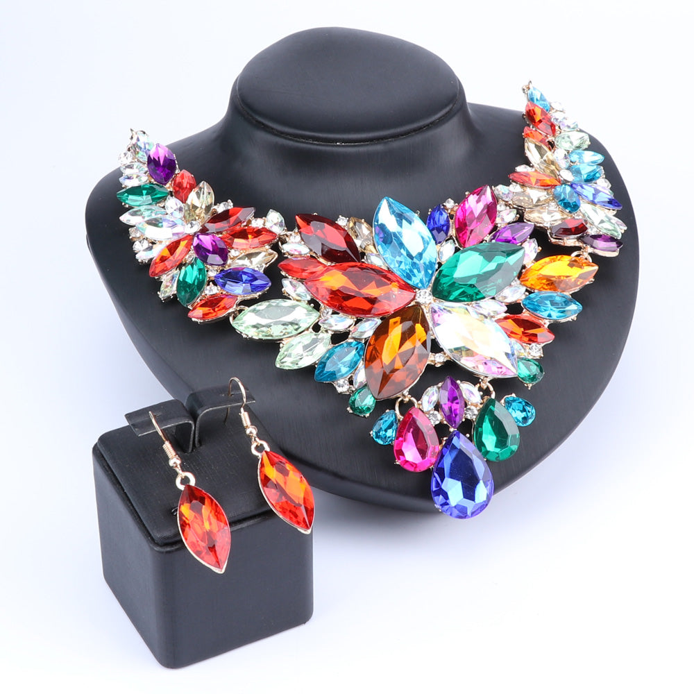 Crystal Flower and Rhinestone Necklace & Earrings Wedding Statement Jewelry Set-Jewelry Sets-Innovato Design-Silver-Innovato Design