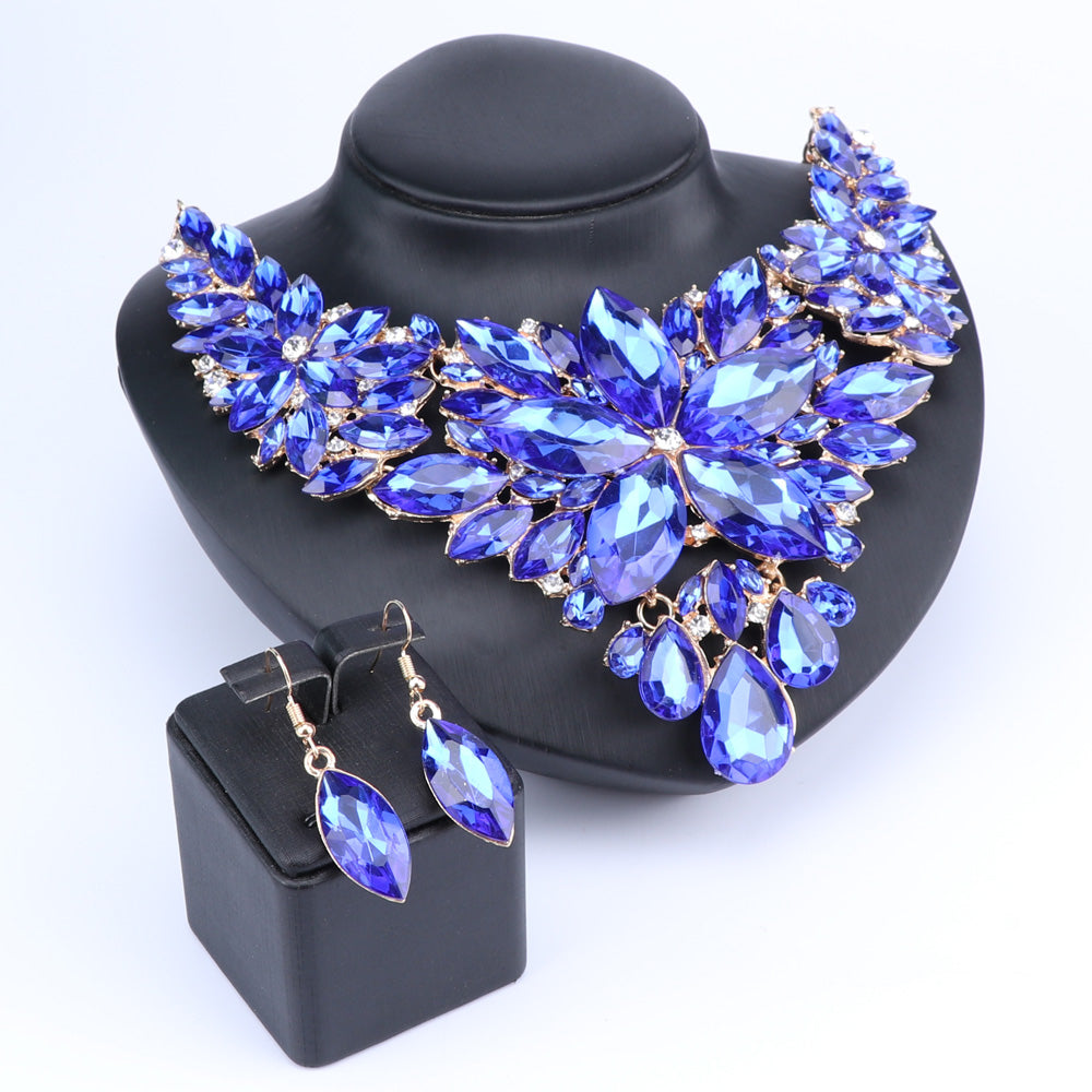 Crystal Flower and Rhinestone Necklace & Earrings Wedding Statement Jewelry Set-Jewelry Sets-Innovato Design-Silver-Innovato Design