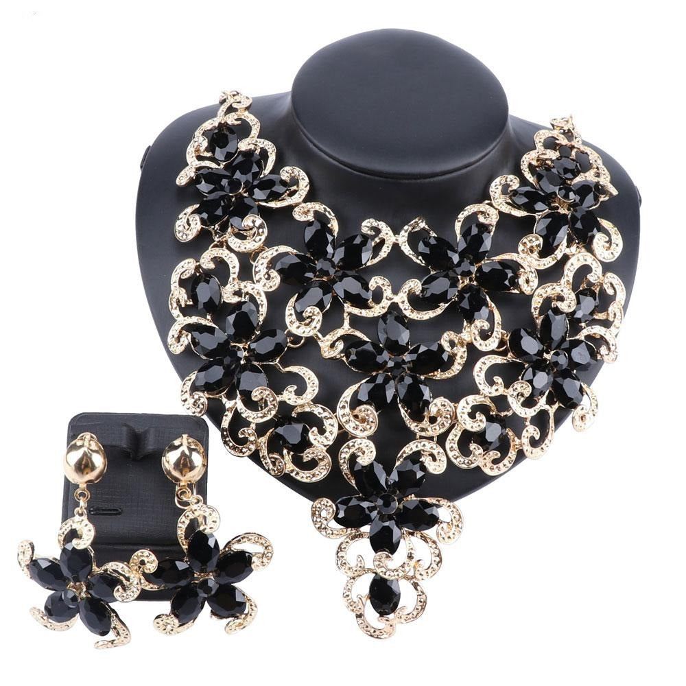 Gold-Plated Crystal Flower Necklace & Earrings Wedding Jewelry Set-Jewelry Sets-Innovato Design-Black-Innovato Design