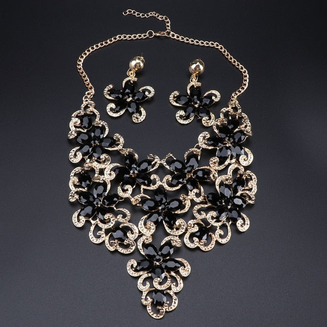 Gold-Plated Crystal Flower Necklace & Earrings Wedding Jewelry Set-Jewelry Sets-Innovato Design-White-Innovato Design