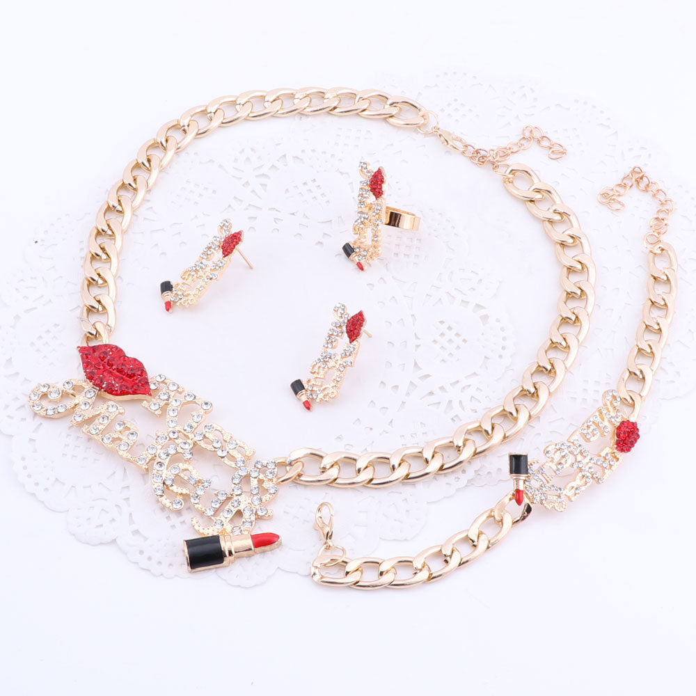 Crystal Red Sexy Lip, Enameled Lipstick, Kiss & Make Up Necklace, Bracelet, Earrings & Ring Wedding Jewelry Set-Jewelry Sets-Innovato Design-Gold-Innovato Design