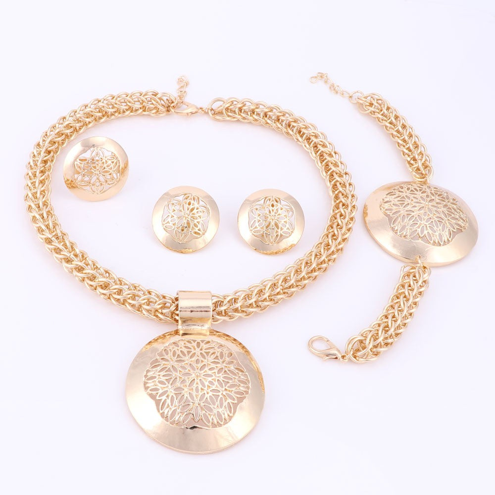 Gold/Silver-Plated Flower Design Cup Necklace, Bracelet, Earrings & Ring Wedding Statement Jewelry Set-Jewelry Sets-Innovato Design-Gold-Innovato Design