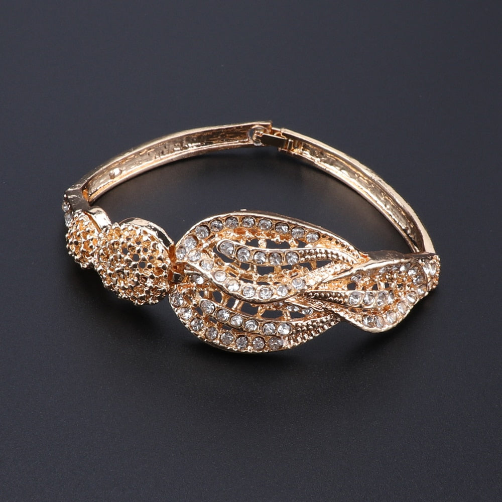 Gold-Plated Leaves and Buds Crystal Necklace, Bracelet, Earrings & Ring Wedding Jewelry Set-Jewelry Sets-Innovato Design-Innovato Design