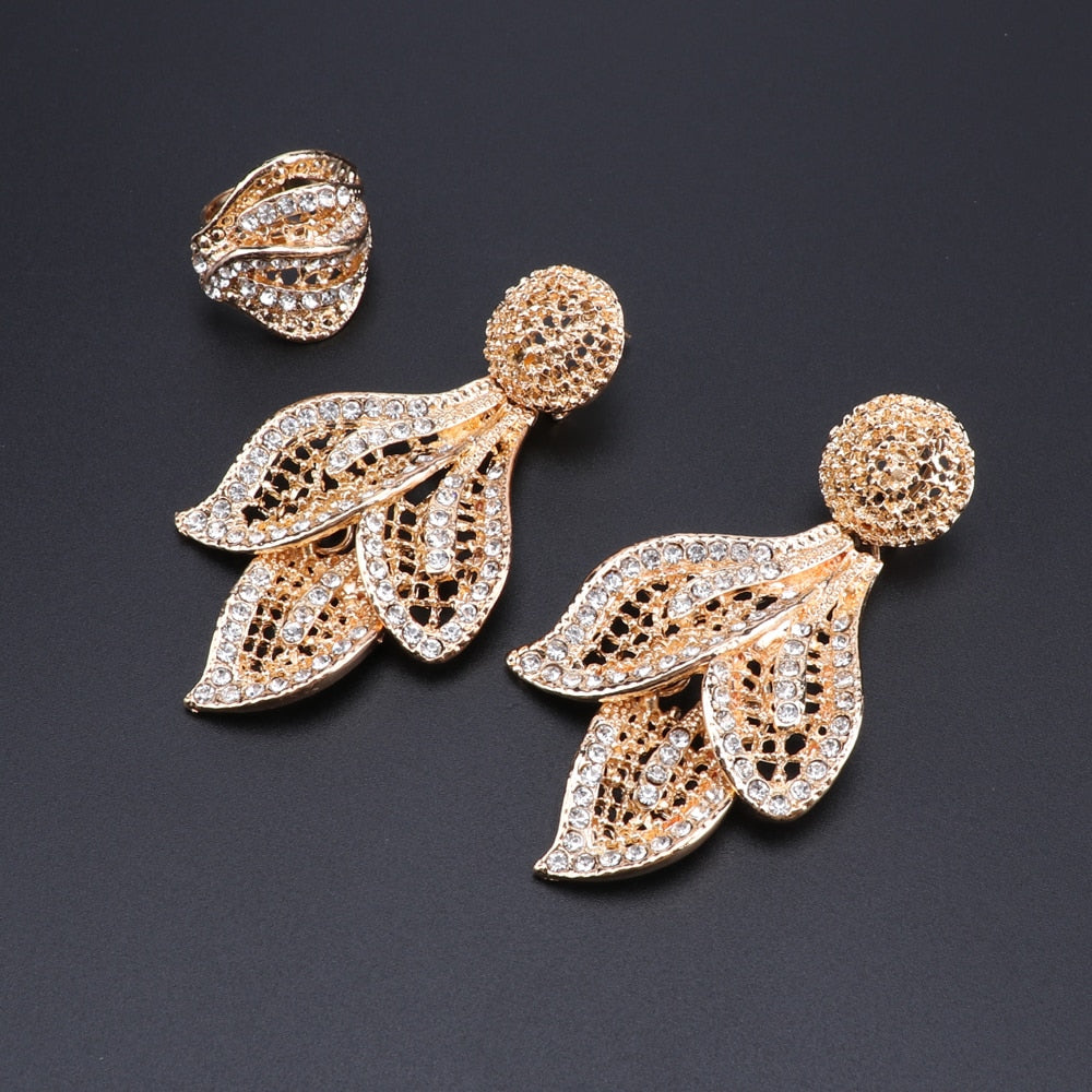 Gold-Plated Leaves and Buds Crystal Necklace, Bracelet, Earrings & Ring Wedding Jewelry Set-Jewelry Sets-Innovato Design-Innovato Design