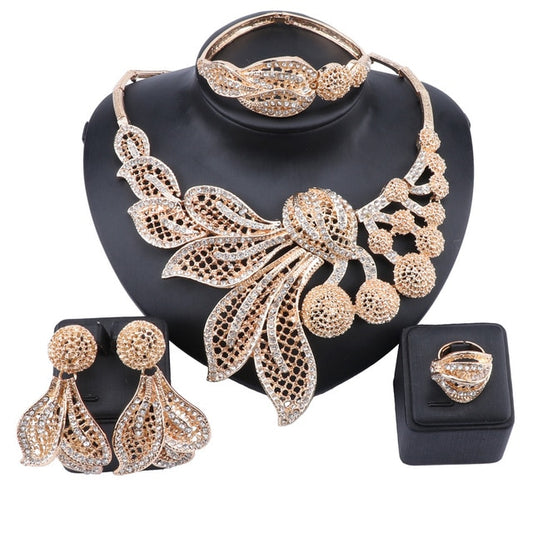 Gold-Plated Leaves and Buds Crystal Necklace, Bracelet, Earrings & Ring Wedding Jewelry Set-Jewelry Sets-Innovato Design-Innovato Design