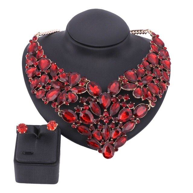 Full Clear Rhinestone Necklace & Earrings Wedding Jewelry Set-Jewelry Sets-Innovato Design-Red-Innovato Design