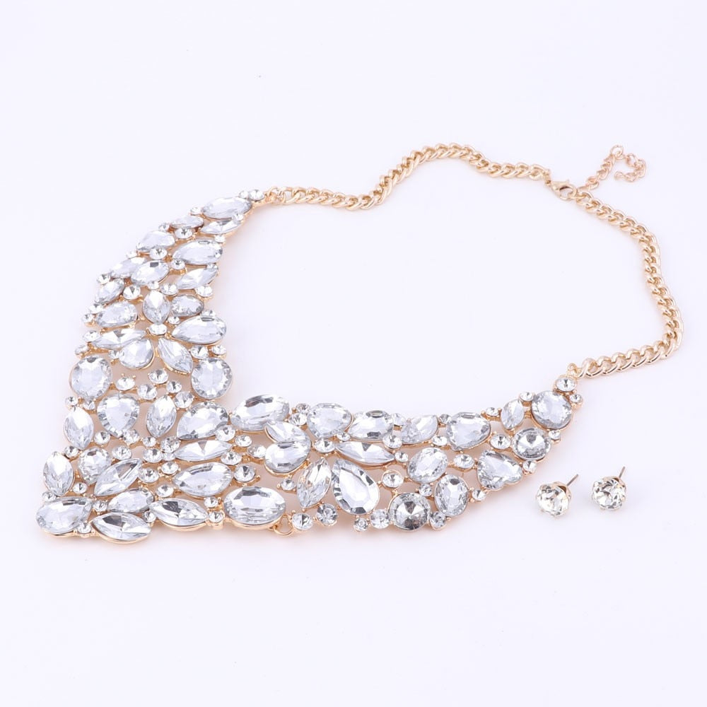 Full Clear Rhinestone Necklace & Earrings Wedding Jewelry Set-Jewelry Sets-Innovato Design-Champagne-Innovato Design