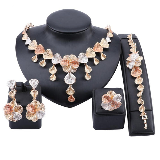 Flower and Shell Crystal Necklace, Bracelet, Earrings & Ring Wedding Jewelry Set-Jewelry Sets-Innovato Design-Silver-Innovato Design