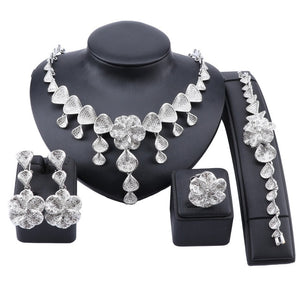 Flower and Shell Crystal Necklace, Bracelet, Earrings & Ring Wedding Jewelry Set-Jewelry Sets-Innovato Design-Silver-Innovato Design