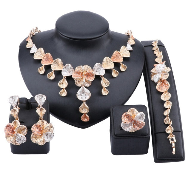 Flower and Shell Crystal Necklace, Bracelet, Earrings & Ring Wedding Jewelry Set-Jewelry Sets-Innovato Design-Gold Rose Silver-Innovato Design
