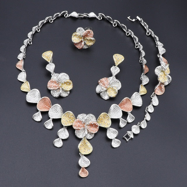 Flower and Shell Crystal Necklace, Bracelet, Earrings & Ring Wedding Jewelry Set-Jewelry Sets-Innovato Design-Silver-Innovato Design