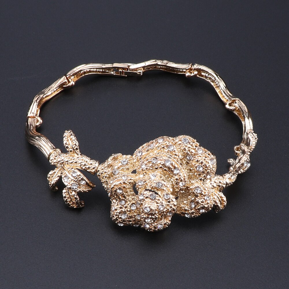 Gold-Plated Rose Flower Crystal Necklace, Bracelet, Earrings & Ring Wedding Statement Jewelry Set-Jewelry Sets-Innovato Design-Innovato Design