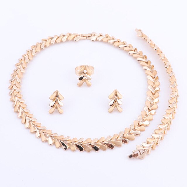 Tiny Leaves Necklace, Bracelet, Earrings & Ring Wedding Statement Jewelry Set-Jewelry Sets-Innovato Design-Silver-Innovato Design