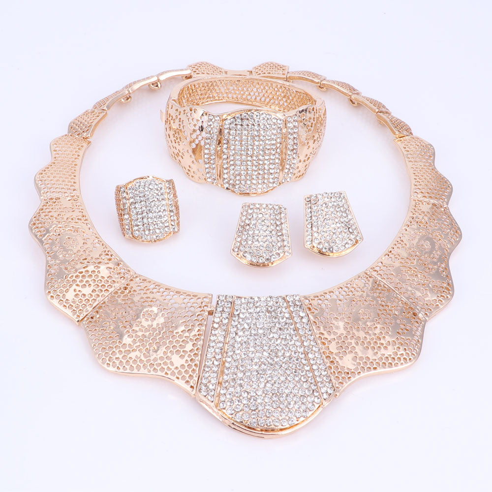 Rose Design Crystal Necklace, Bracelet, Earrings & Ring Wedding Jewelry Set-Jewelry Sets-Innovato Design-Champagne-Innovato Design