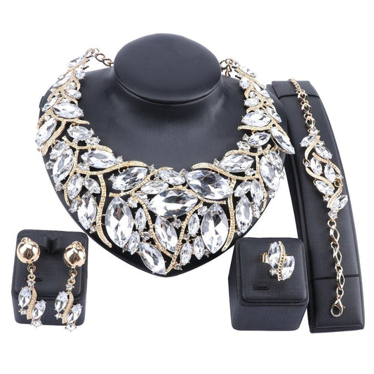 Crystal Gem Necklace, Bracelet, Earrings & Ring Wedding Statement Jewelry Set