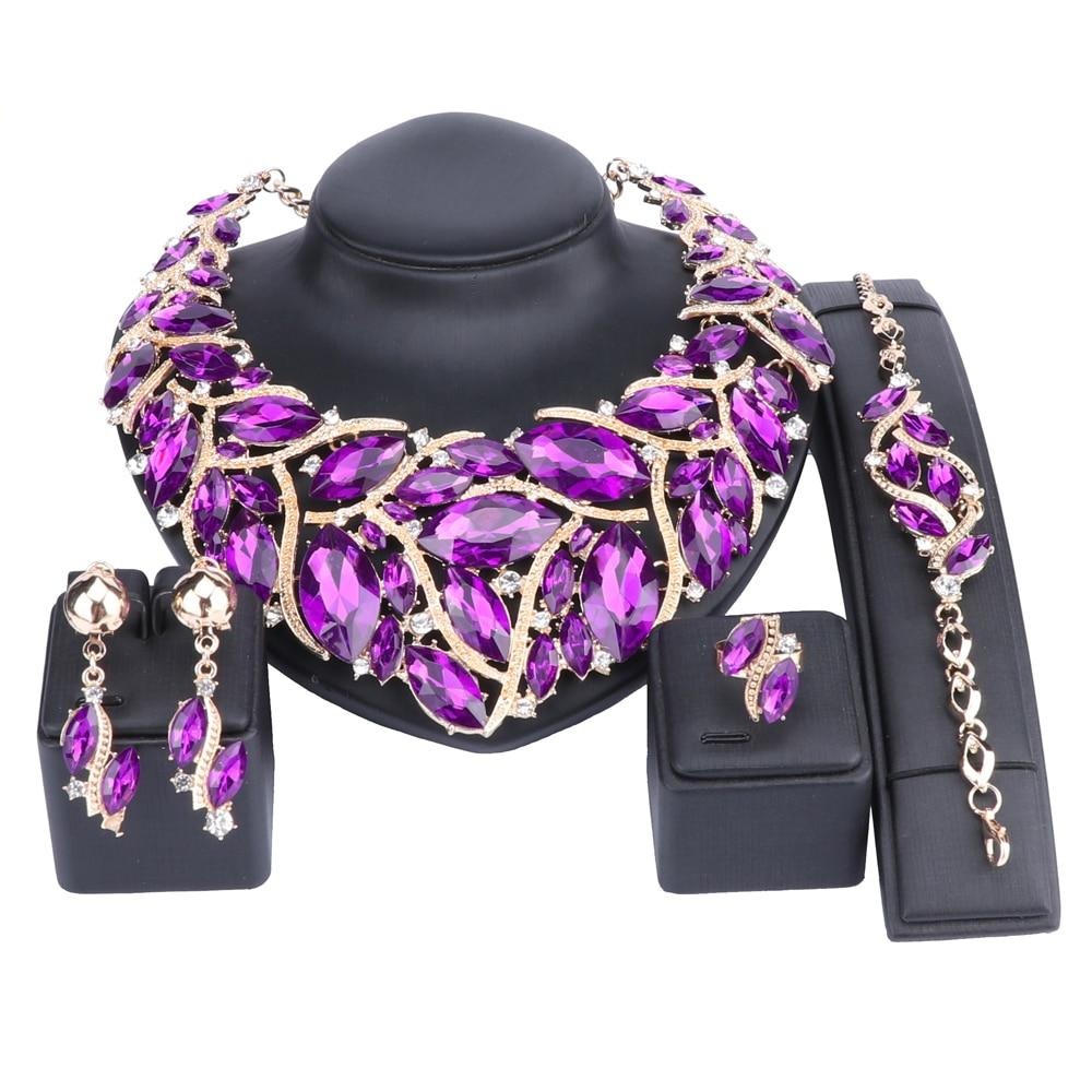 Crystal Gem Necklace, Bracelet, Earrings & Ring Wedding Statement Jewelry Set-Jewelry Sets-Innovato Design-Purple-Innovato Design