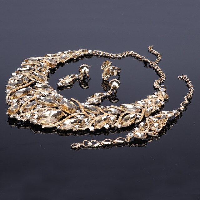 Crystal Gem Necklace, Bracelet, Earrings & Ring Wedding Statement Jewelry Set-Jewelry Sets-Innovato Design-Red-Innovato Design