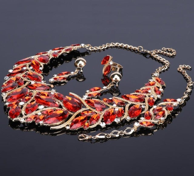 Crystal Gem Necklace, Bracelet, Earrings & Ring Wedding Statement Jewelry Set-Jewelry Sets-Innovato Design-Red-Innovato Design