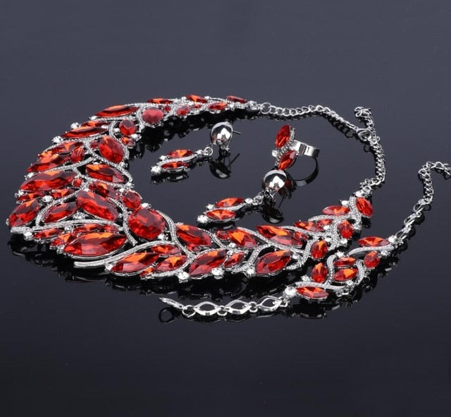 Crystal Gem Necklace, Bracelet, Earrings & Ring Wedding Statement Jewelry Set-Jewelry Sets-Innovato Design-Red-Innovato Design
