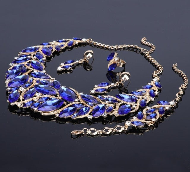 Crystal Gem Necklace, Bracelet, Earrings & Ring Wedding Statement Jewelry Set-Jewelry Sets-Innovato Design-Red-Innovato Design