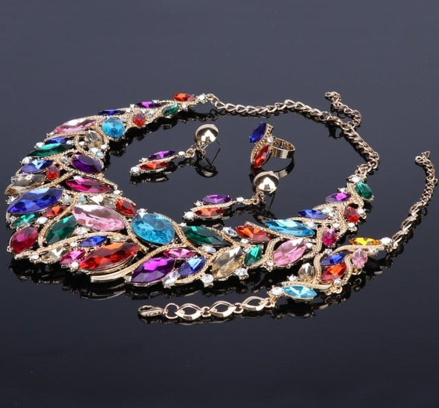 Crystal Gem Necklace, Bracelet, Earrings & Ring Wedding Statement Jewelry Set-Jewelry Sets-Innovato Design-Red-Innovato Design