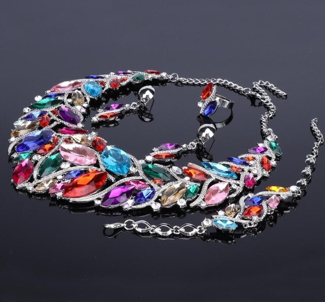 Crystal Gem Necklace, Bracelet, Earrings & Ring Wedding Statement Jewelry Set-Jewelry Sets-Innovato Design-Red-Innovato Design