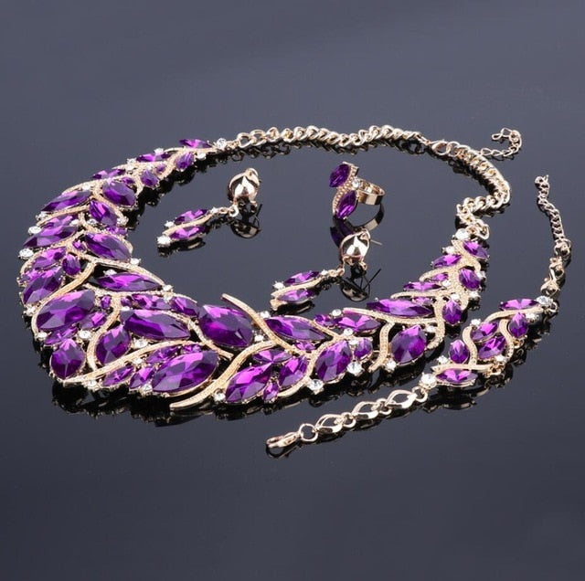 Crystal Gem Necklace, Bracelet, Earrings & Ring Wedding Statement Jewelry Set-Jewelry Sets-Innovato Design-Red-Innovato Design