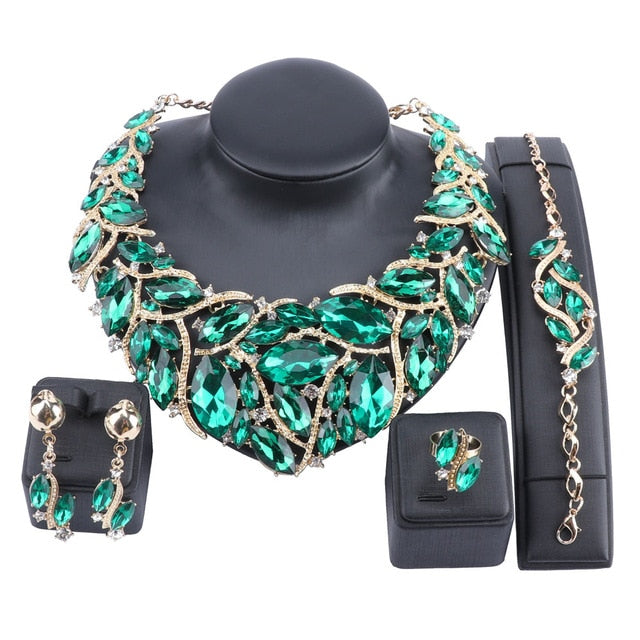Crystal Gem Necklace, Bracelet, Earrings & Ring Wedding Statement Jewelry Set-Jewelry Sets-Innovato Design-Green-Innovato Design