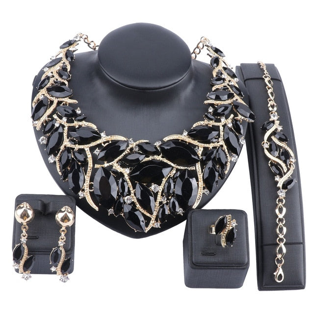 Crystal Gem Necklace, Bracelet, Earrings & Ring Wedding Statement Jewelry Set-Jewelry Sets-Innovato Design-Black-Innovato Design