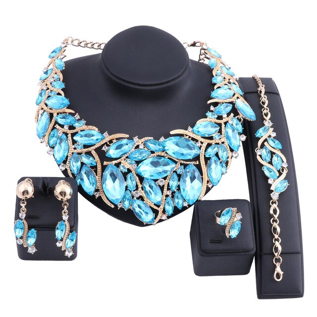 Crystal Gem Necklace, Bracelet, Earrings & Ring Wedding Statement Jewelry Set-Jewelry Sets-Innovato Design-Lake Blue-Innovato Design