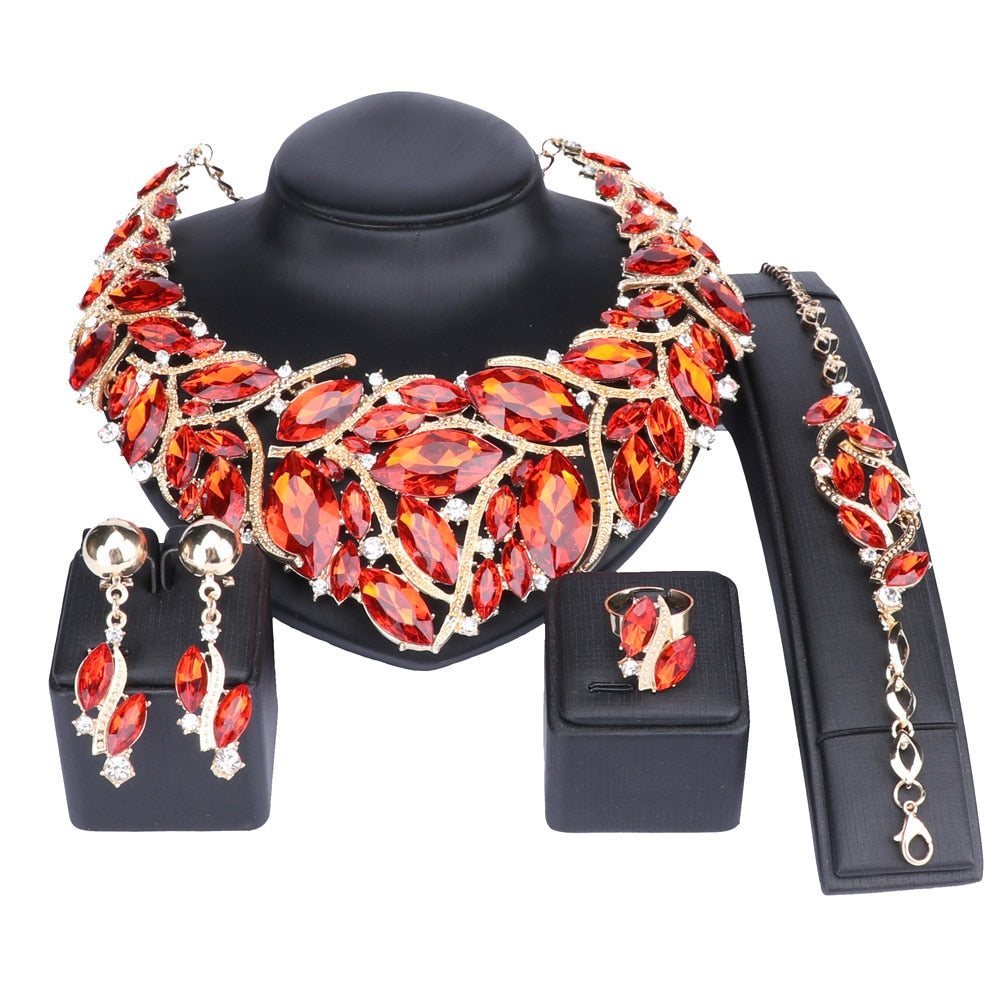 Crystal Gem Necklace, Bracelet, Earrings & Ring Wedding Statement Jewelry Set-Jewelry Sets-Innovato Design-Red-Innovato Design