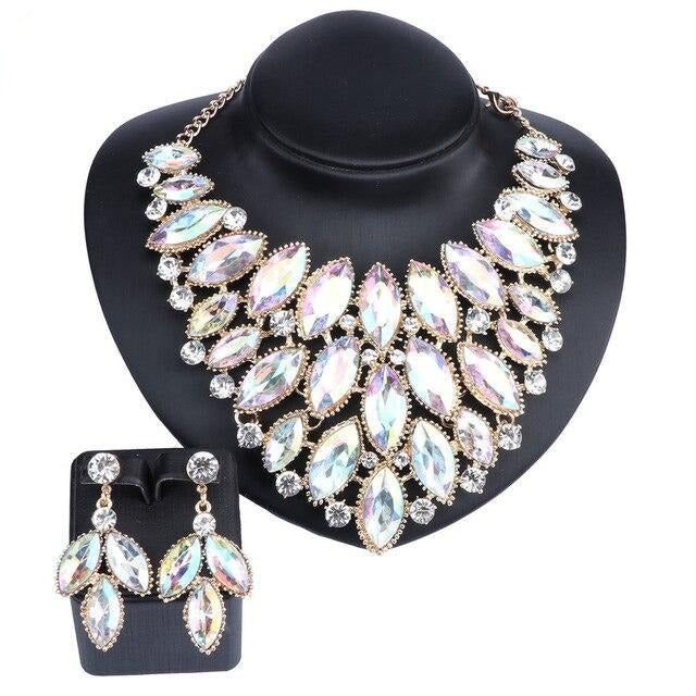 Huge African Crystal Necklace & Earrings Wedding Statement Jewelry Set-Jewelry Sets-Innovato Design-Abalone-Innovato Design