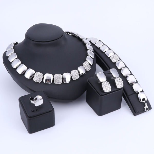 Gold-Plated Crystal Square Necklace, Bracelet, Earrings & Ring Wedding Jewelry Set