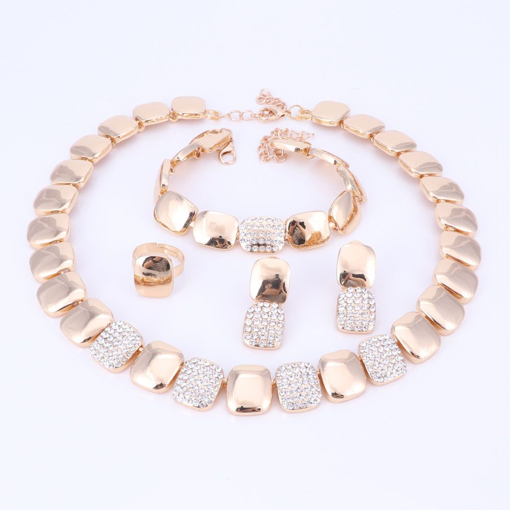 Gold-Plated Crystal Square Necklace, Bracelet, Earrings & Ring Wedding Jewelry Set-Jewelry Sets-Innovato Design-Silver-Innovato Design