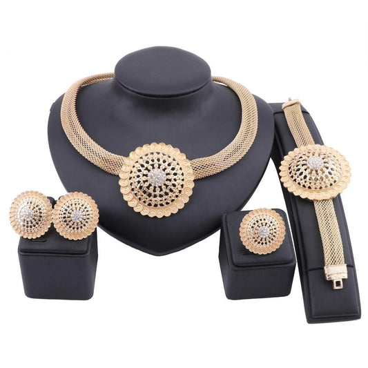 Gold-Plated Circular Steel with Crystals and Swirl Patterns Necklace, Bracelet, Earrings & Ring Wedding Jewelry Set-Jewelry Sets-Innovato Design-Innovato Design