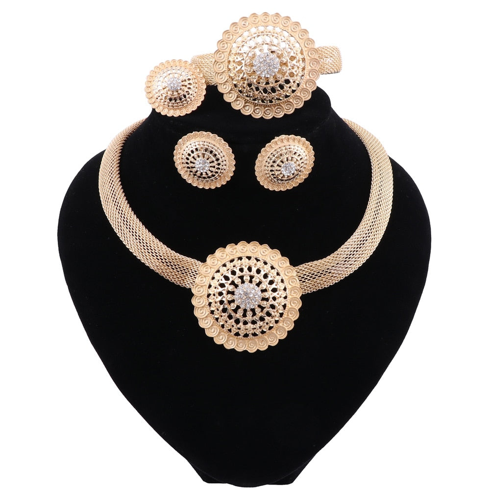 Gold-Plated Circular Steel with Crystals and Swirl Patterns Necklace, Bracelet, Earrings & Ring Wedding Jewelry Set-Jewelry Sets-Innovato Design-Innovato Design