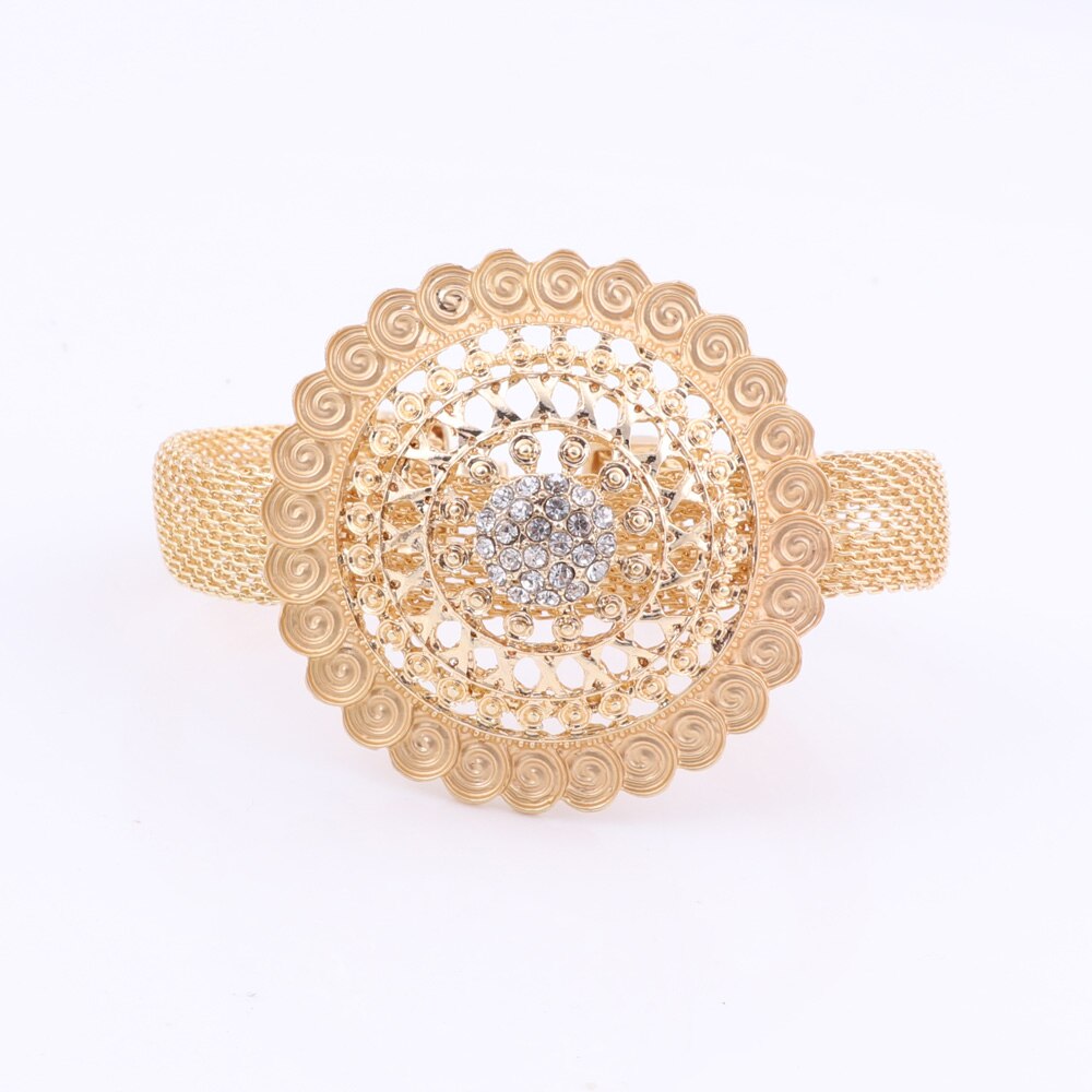 Gold-Plated Circular Steel with Crystals and Swirl Patterns Necklace, Bracelet, Earrings & Ring Wedding Jewelry Set-Jewelry Sets-Innovato Design-Innovato Design