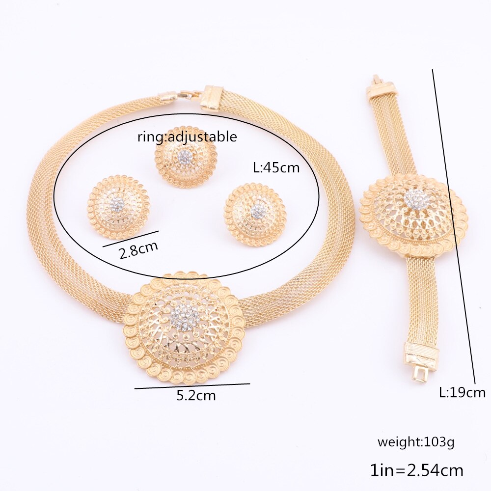 Gold-Plated Circular Steel with Crystals and Swirl Patterns Necklace, Bracelet, Earrings & Ring Wedding Jewelry Set-Jewelry Sets-Innovato Design-Innovato Design