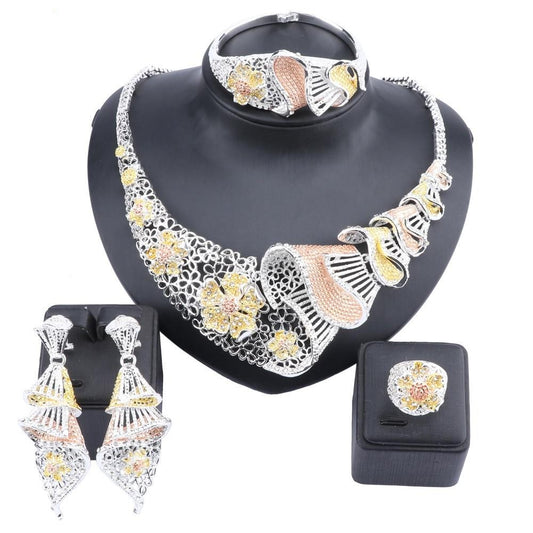 Retro Flower Crystal Necklace, Bracelet, Earrings & Ring Wedding Statement Jewelry Set-Jewelry Sets-Innovato Design-Rose Silver Gold-Innovato Design