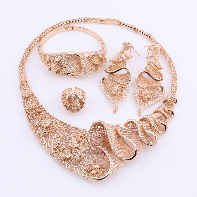 Retro Flower Crystal Necklace, Bracelet, Earrings & Ring Wedding Statement Jewelry Set-Jewelry Sets-Innovato Design-Silver-Innovato Design