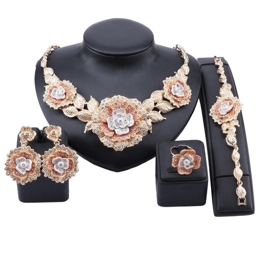 Flower Crystal Necklace, Bracelet, Earrings & Ring Wedding Statement Jewelry Set-Jewelry Sets-Innovato Design-Silver White-Innovato Design