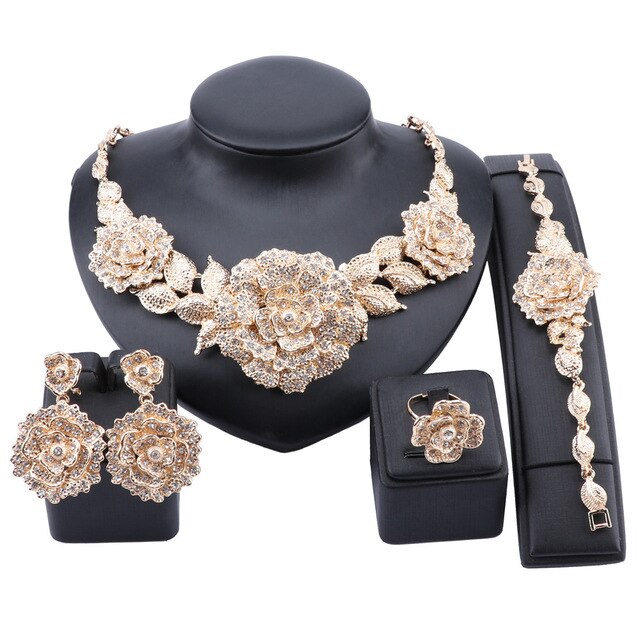 Flower Crystal Necklace, Bracelet, Earrings & Ring Wedding Statement Jewelry Set-Jewelry Sets-Innovato Design-Gold White-Innovato Design