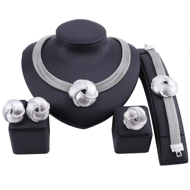 Big Knot Necklace, Bracelet, Earrings & Ring Wedding Statement Jewelry Set-Jewelry Sets-Innovato Design-Silver-Innovato Design