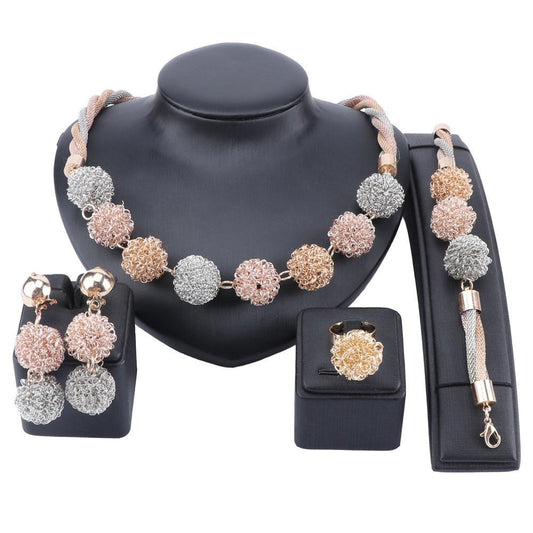 Multicolored Pompoms Necklace, Bracelet, Earrings & Ring Wedding Statement Jewelry Set-Jewelry Sets-Innovato Design-Innovato Design