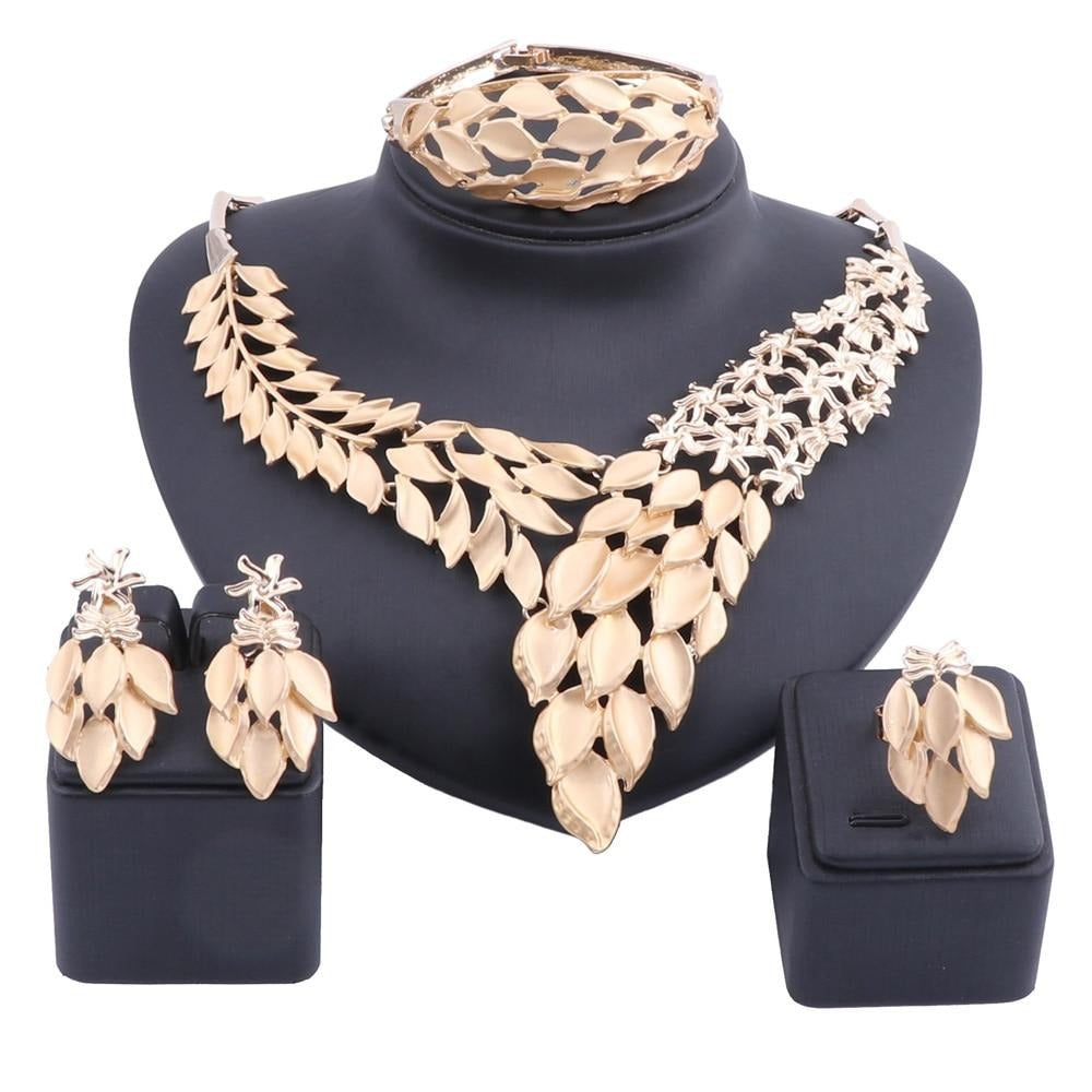 Leaves and Flowers Necklace, Bracelet, Earrings & Ring Wedding Jewelry Set-Jewelry Sets-Innovato Design-Gold-Innovato Design