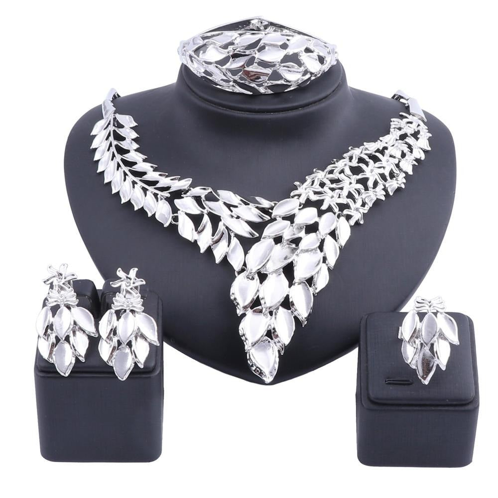 Leaves and Flowers Necklace, Bracelet, Earrings & Ring Wedding Jewelry Set-Jewelry Sets-Innovato Design-Gold-Innovato Design