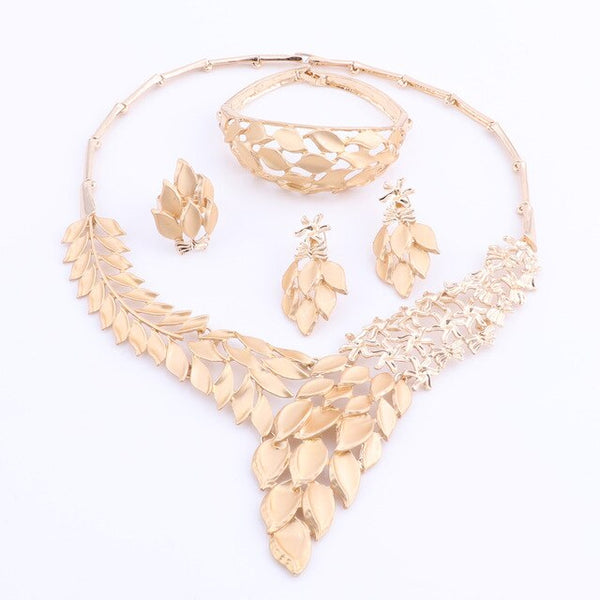 Leaves and Flowers Necklace, Bracelet, Earrings & Ring Wedding Jewelry Set-Jewelry Sets-Innovato Design-Gold-Innovato Design