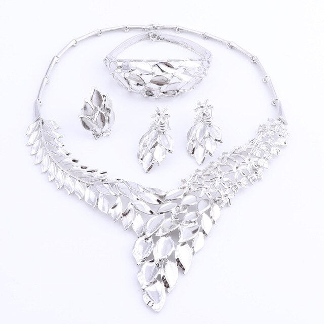 Leaves and Flowers Necklace, Bracelet, Earrings & Ring Wedding Jewelry Set-Jewelry Sets-Innovato Design-Silver-Innovato Design